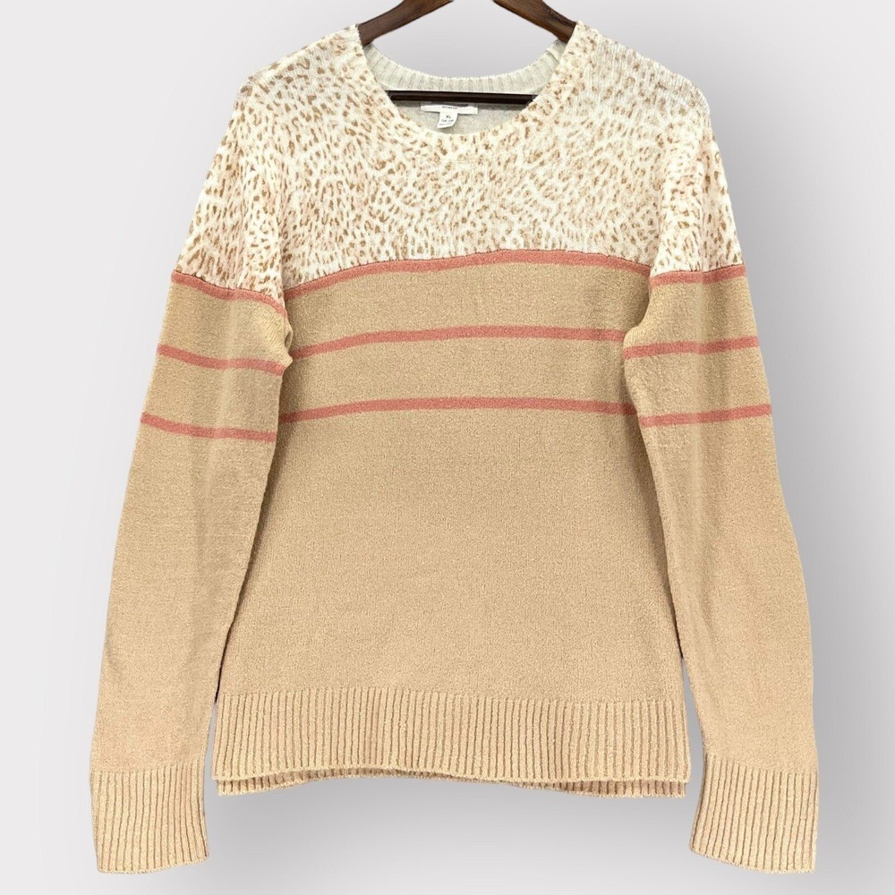 Beachlunchlounge Pullover Sweater Womens XL Tan Pink Leopard Striped Excellent